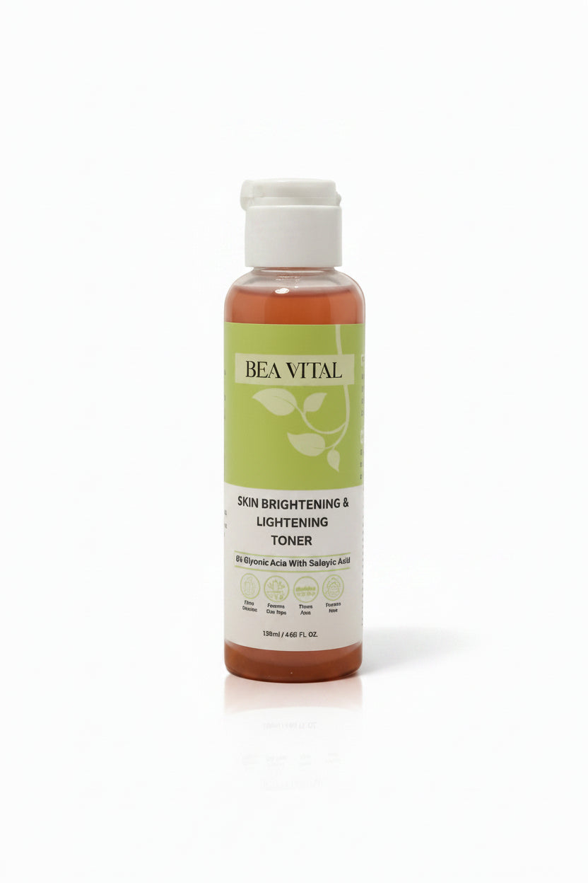 Bottle of Bea Vital toner on a wooden coaster with a blurred background